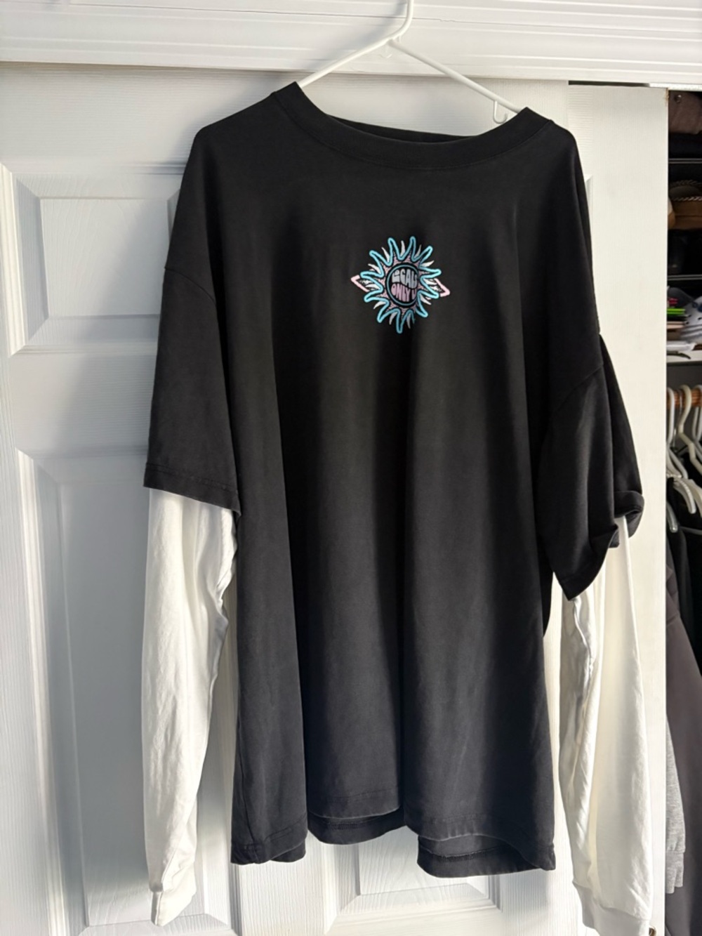 Men's Black Long Sleeve Layered Tee with Sun Graphic